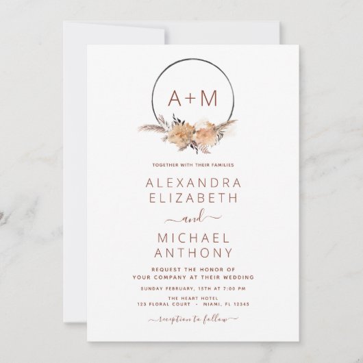 Invitation Boho Terracotta Pampas Grass Monogramme Mariage In (Devant)