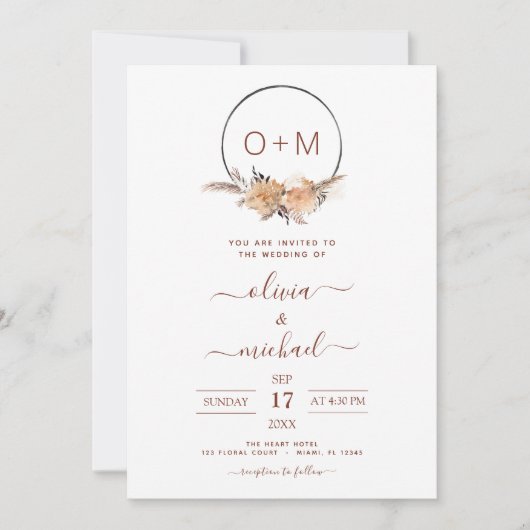 Invitation Boho Terracotta Pampas Grass Monogramme Mariage In (Devant)