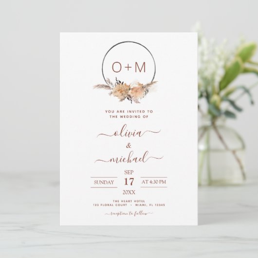 Invitation Boho Terracotta Pampas Grass Monogramme Mariage In (Debout devant)