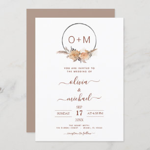 Invitation Boho Terracotta Pampas Grass Monogramme Mariage In