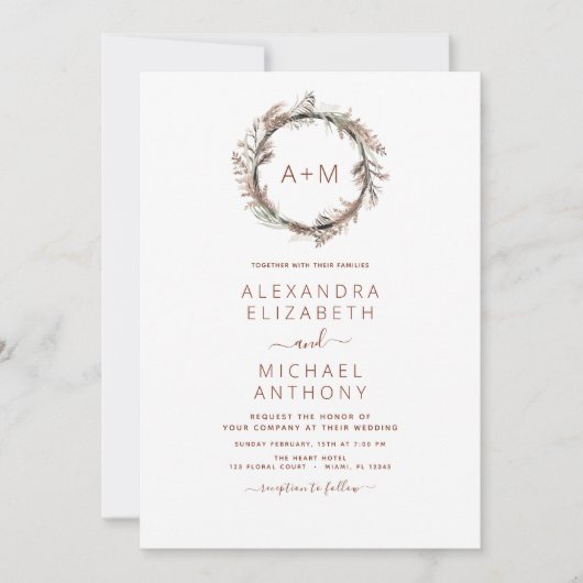 Invitation Boho Terracotta Pampas Grass Monogramme Mariage In (Devant)