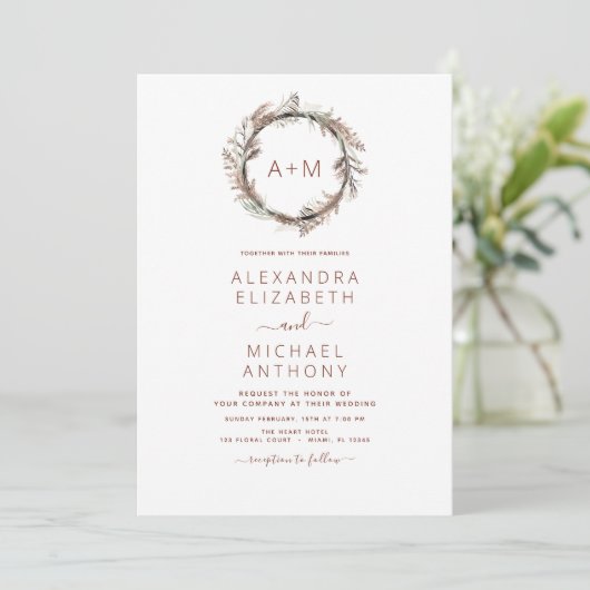 Invitation Boho Terracotta Pampas Grass Monogramme Mariage In (Debout devant)