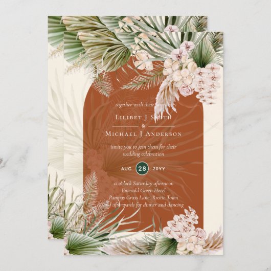 Invitation BOHO Terracotta Peach Pampas Mariage (Devant / Derrière)