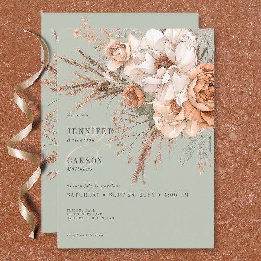 Invitation Boho Terracotta Pêche & Crème Floral Vert Mariage
