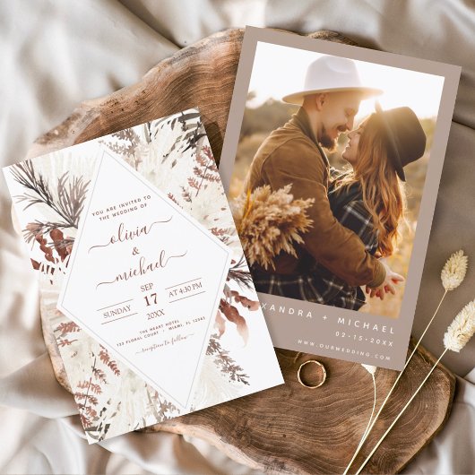 Invitation Boho Terracotta Photo Pampas Grass Mariage