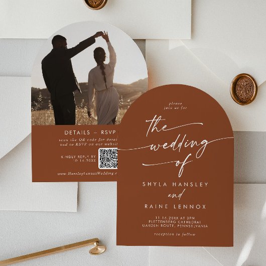 Invitation Boho Terracotta Photo QR Code Arch Mariage