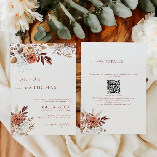 Invitation Boho Terracotta QR Code 2 en 1 Mariage