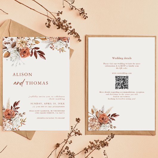 Invitation Boho Terracotta QR Code 2 en 1 Mariage