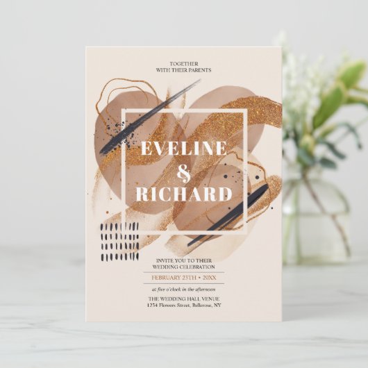 Invitation Boho Terracotta rose or parties scintillant tons m (Debout devant)