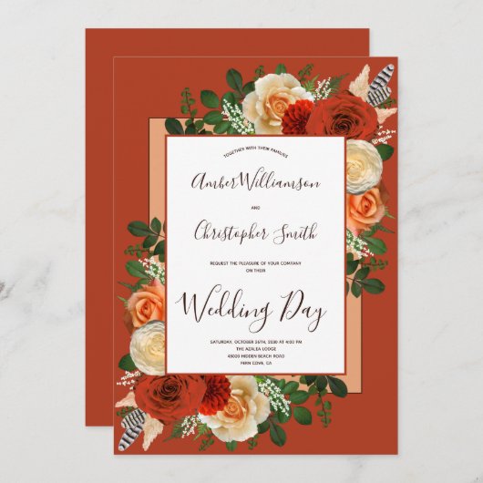 Invitation Boho Terracotta rouille Floral Pampas Mariage en h (Devant / Derrière)