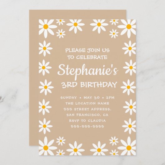 Invitation Boho Terracotta Sable Retro Daisées Anniversaire F (Devant / Derrière)