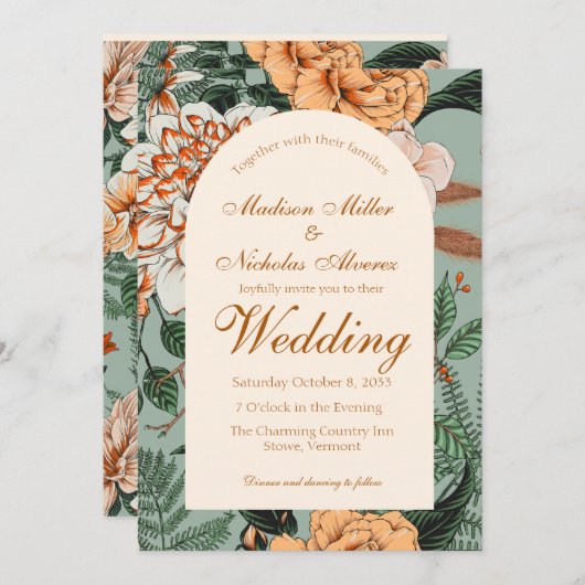Invitation Boho Terracotta Sage Arc Floral Monogramme Mariage (Devant / Derrière)