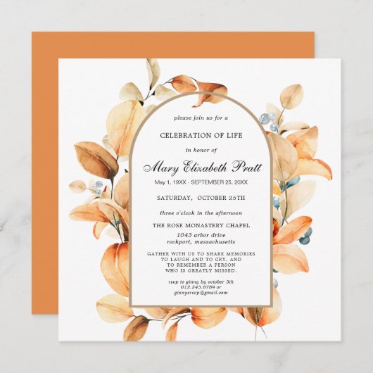 Invitation Boho Terracotta séché Palm Célébration de la vie d (Devant / Derrière)