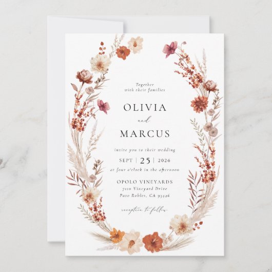 Invitation Boho Terracotta Taupe Fleur sauvage Élégant mariag