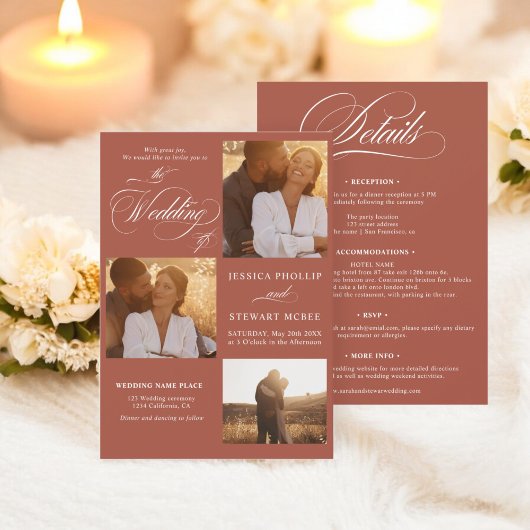 Invitation Boho terracotta tout en un script photos mariage