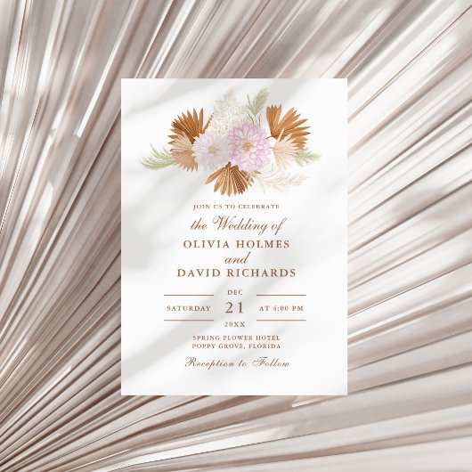 Invitation Boho Terre cuite Herbe de Pampas et Fleurs de Mari