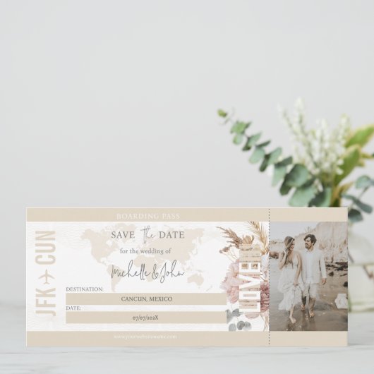 Invitation Boho Travel Boarding Pass Destination Save the Dat (Debout devant)