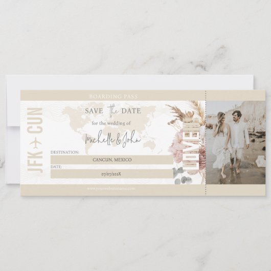 Invitation Boho Travel Boarding Pass Destination Save the Dat (Devant)