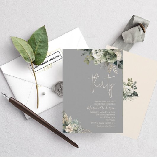 Invitation Boho trente sauge fleurs vertes aquarelle annivers