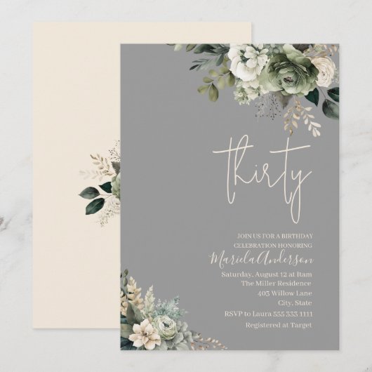 Invitation Boho trente sauge fleurs vertes aquarelle annivers (Devant / Derrière)