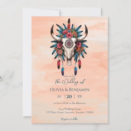 Invitation Boho Tribal Aquarelle Floral Vache Mariage crâne (Devant)