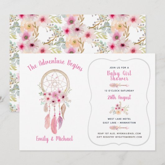 Invitation Boho Tribal Baby Girl Shower Dream Catcher (Devant / Derrière)