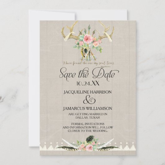 Invitation BOHO Tribal Cerf Bois de cerf Plumes Art Save the (Devant)
