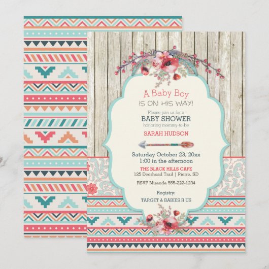 Invitation Boho Tribal Chic Rustique Fleurs Flèche en Bois (Devant / Derrière)