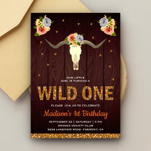 Invitation Boho Tribal Crâne de Vache Filles Wild One 1er Ann