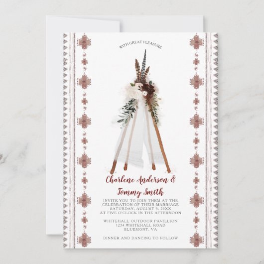 Invitation Boho Tribal Feathers Floral Teepee Mariage | (Devant)