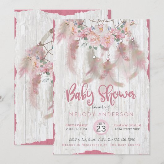 Invitation BOHO Tribal Floral Dream Catcher Baby shower rose (Devant / Derrière)