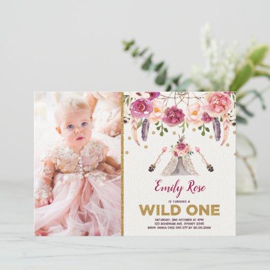 Invitation Boho Tribal Floral Wild Un Rêveur d'Anniversaire (Debout devant)