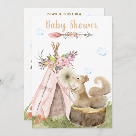 Invitation *~* Boho Tribal Teepee Squirrel Woodland Forest (Devant / Derrière)