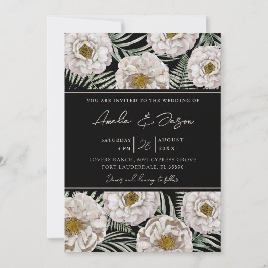 Invitation Boho Tropical Blanc Floral & Mariage noir (Devant)