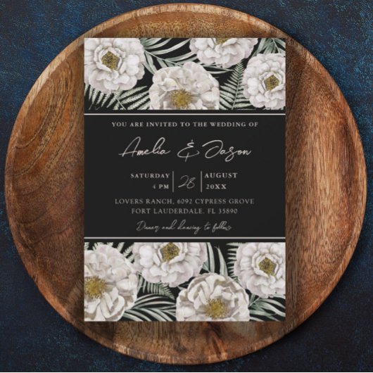 Invitation Boho Tropical Blanc Floral & Mariage noir