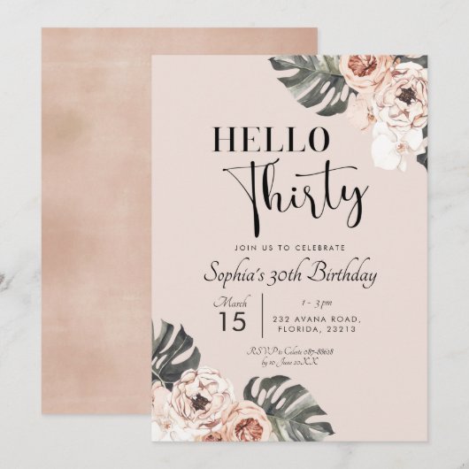 Invitation Boho Tropical Floral Bonjour Trente Anniversaire (Devant / Derrière)