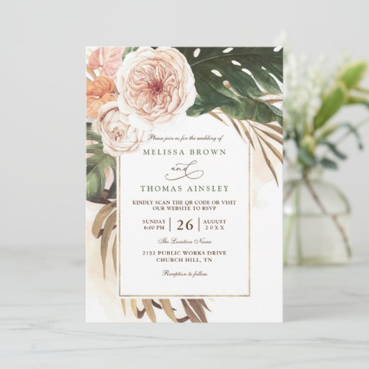 Invitation Boho Tropical Floral Desert Chic QR Code Wedding (Debout devant)