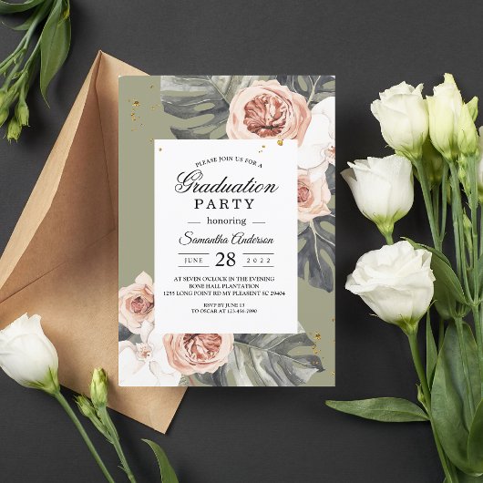 Invitation Boho Tropical Floral Khaki Palm Leaf & Orchid