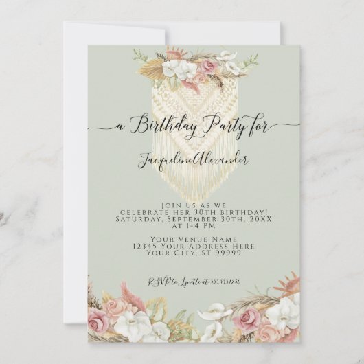 Invitation Boho Tropical Floral Pampas Grass fête d'anniversa (Devant)
