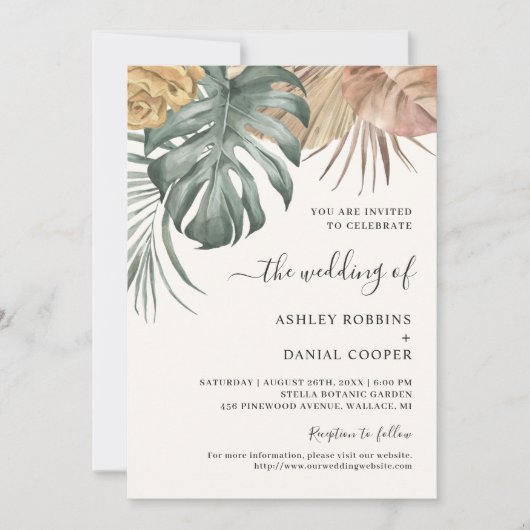 Invitation Boho Tropical Oasis Feuille Mariage (Devant)