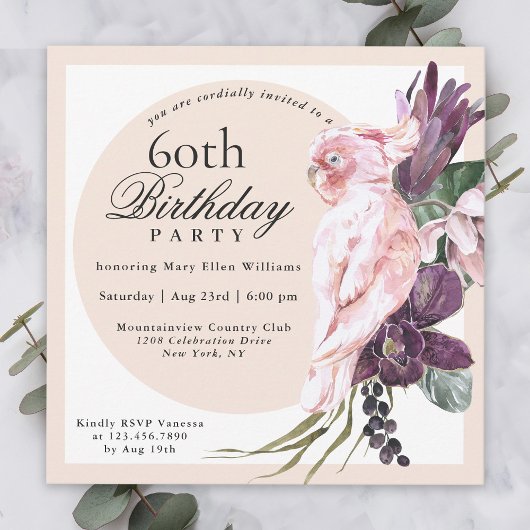 Invitation Boho Tropical Pink Parrot Floral 60e anniversaire