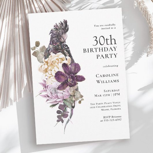 Invitation Boho Tropical Purple Parrot 30e anniversaire