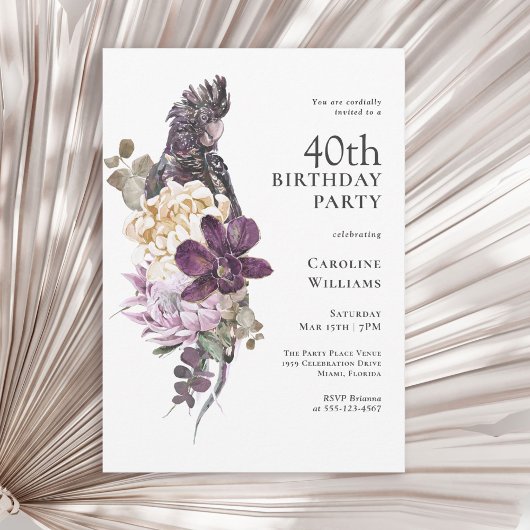 Invitation Boho Tropical Purple Parrot 40e anniversaire