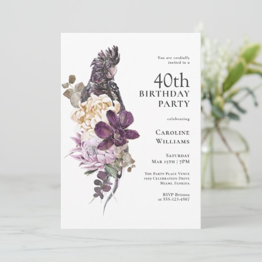 Invitation Boho Tropical Purple Parrot 40e anniversaire (Debout devant)