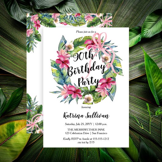 Invitation Boho Tropical Rose Floral 90e fête d'anniversaire