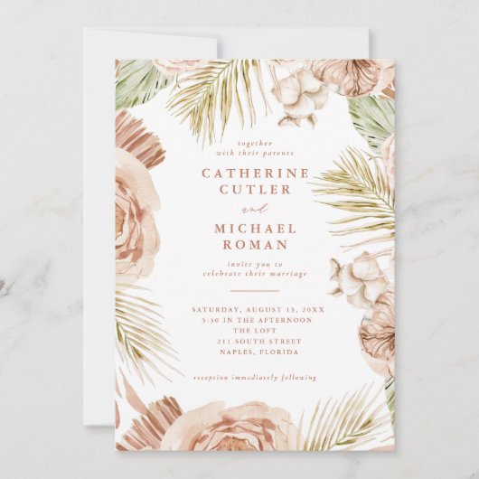 Invitation Boho Tropical Rose Mariage (Devant)