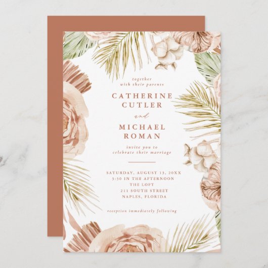 Invitation Boho Tropical Rose Mariage (Devant / Derrière)