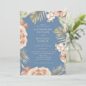 Invitation Boho Tropical Roses Dusty Blue Mariage (Debout devant)
