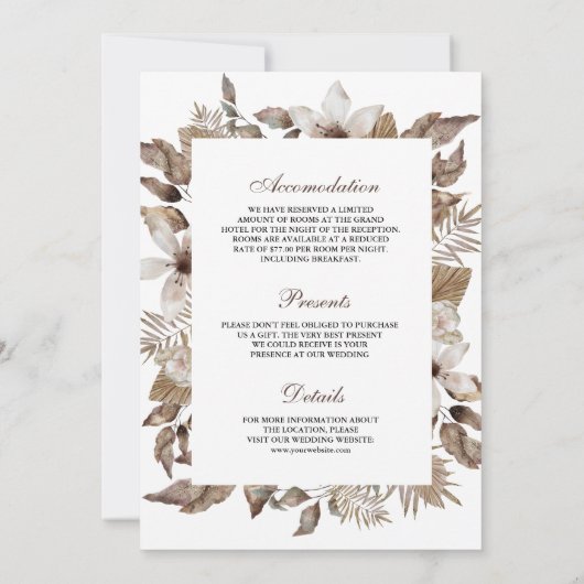 Invitation Boho Tropical séché Palm Floral tout en un Mariage (Dos)