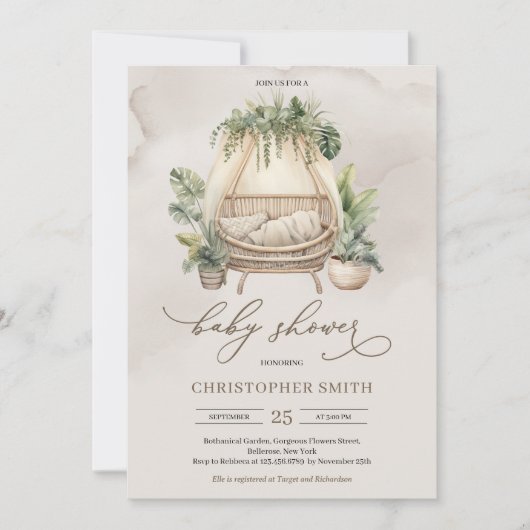 Invitation Boho tropical verdure et bébé beige berceau (Devant)
